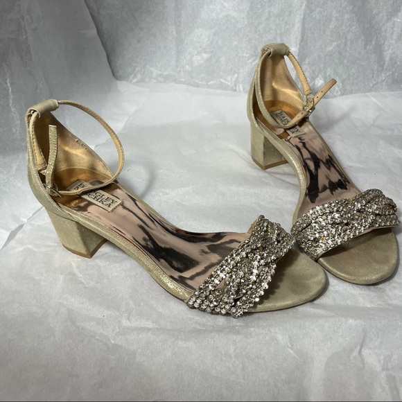 Wms 8.5 Badgley Mischka Chunky Heel Sandals Gold /Rhinestone - Picture 2 of 13